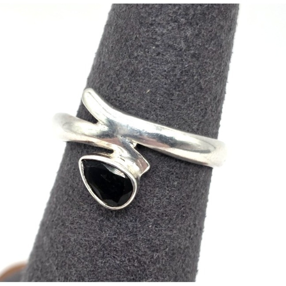 Black Onyx Faceted Teardrop Ring Size 7.5 Wrap Sterling Silver 925 Handmade NWOT